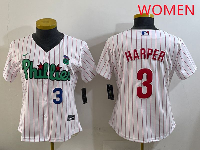 Women Philadelphia Phillies #3 Harper White Stripe Second generation joint name 2025 Nike MLB Jersey style 2->women mlb jersey->Women Jersey